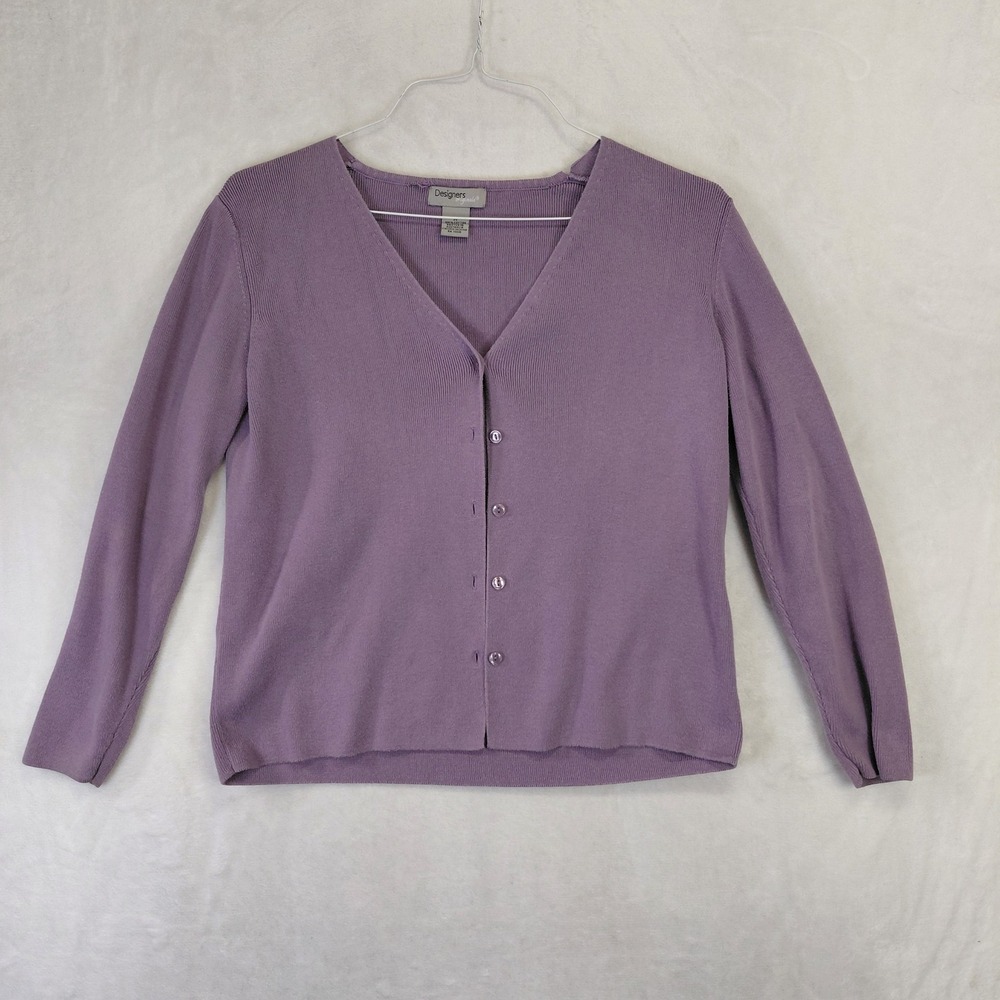 Designers Originals Women Purple Cotton V-Neck Button Front Cardigan Sweater M